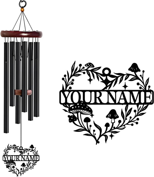 Personalized Customize Name Fantasy Mushroom Wonderland Wind Chime, Metal Iron 37 Inch Outdoor Memorial Gift for Garden Yard Patio Home Decor, Black (Style F)