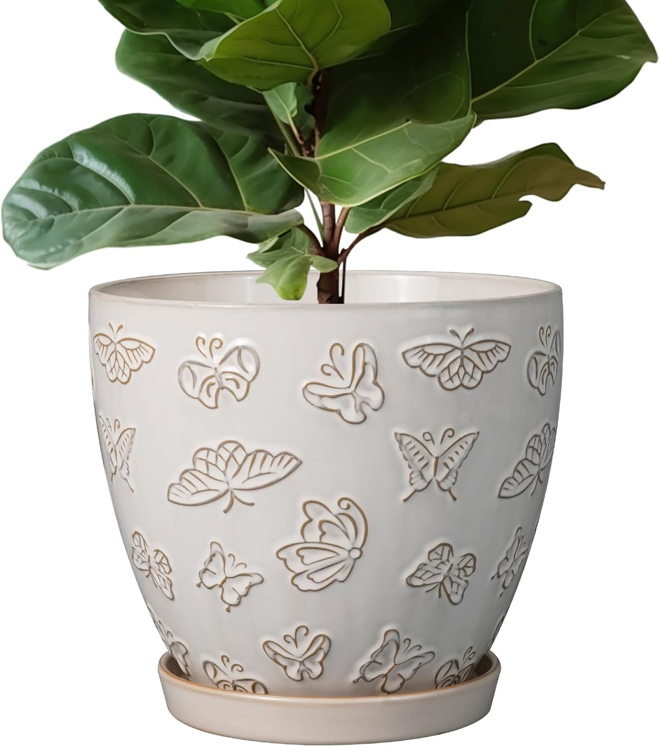 Ceramic Planter Pot 10 Inch- Large Plant Pot with Drainage Hole and Saucer Modern Round Flower Pot for Indoor Outdoor Plants White