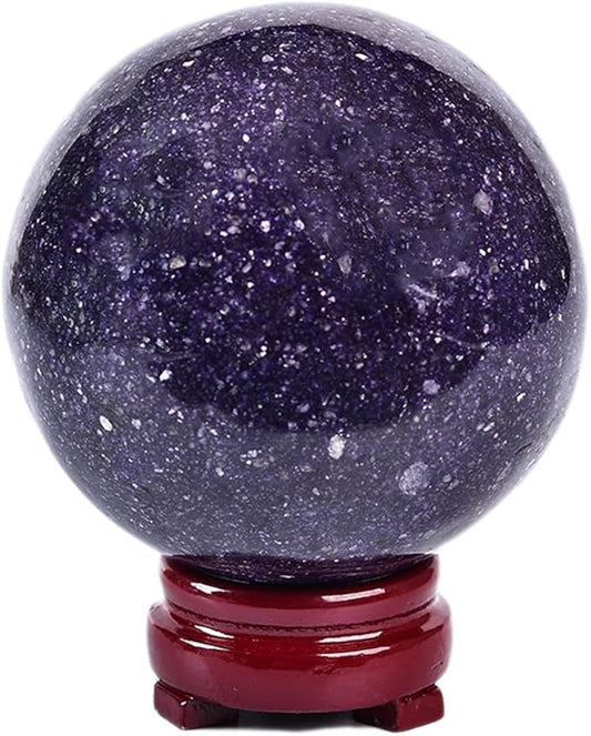 JIC Gem Deep Purple Lepidolite Sphere with Stand Natural Sparkling Lithia Mica Crystal Ball Brazil Mineral Gemstone (80-90mm)
