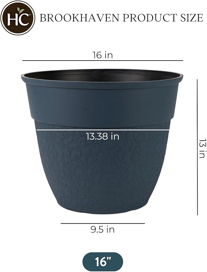 The HC Companies 16 Inch Brookhaven Decorative Round Planter - Lightweight Premium Resin Plant Pot with a Stonelike Texture for Indoor Outdoor Use, Slate Blue