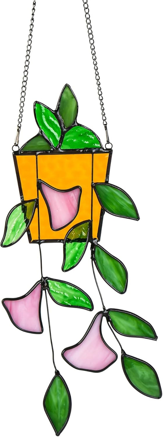 Plant Stained Glass Window Hanging, Green Leaf Morning Glory Stained Glass Suncatchers Plant