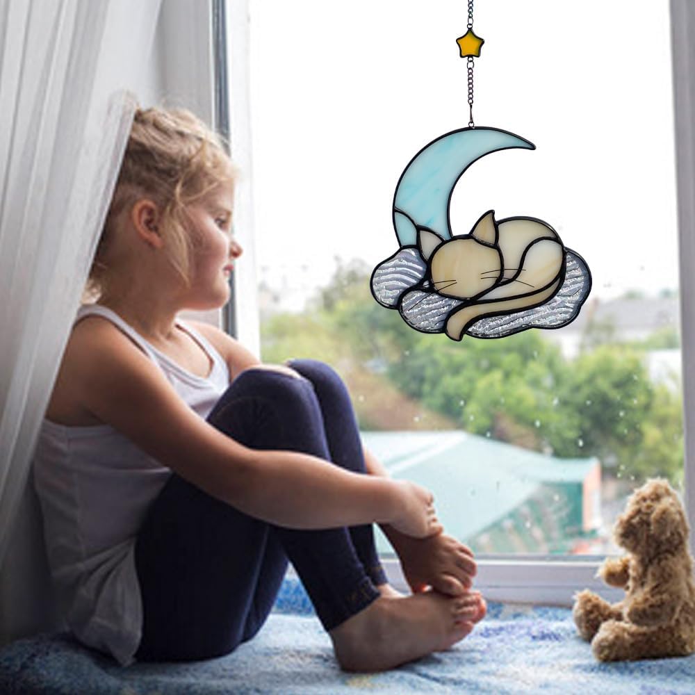 Orange Cat Decor On Blue Moon, Stained Glass Window Hanging, Suncatcher for Windows Panels, Memorial Gift Cat for Lover Loss