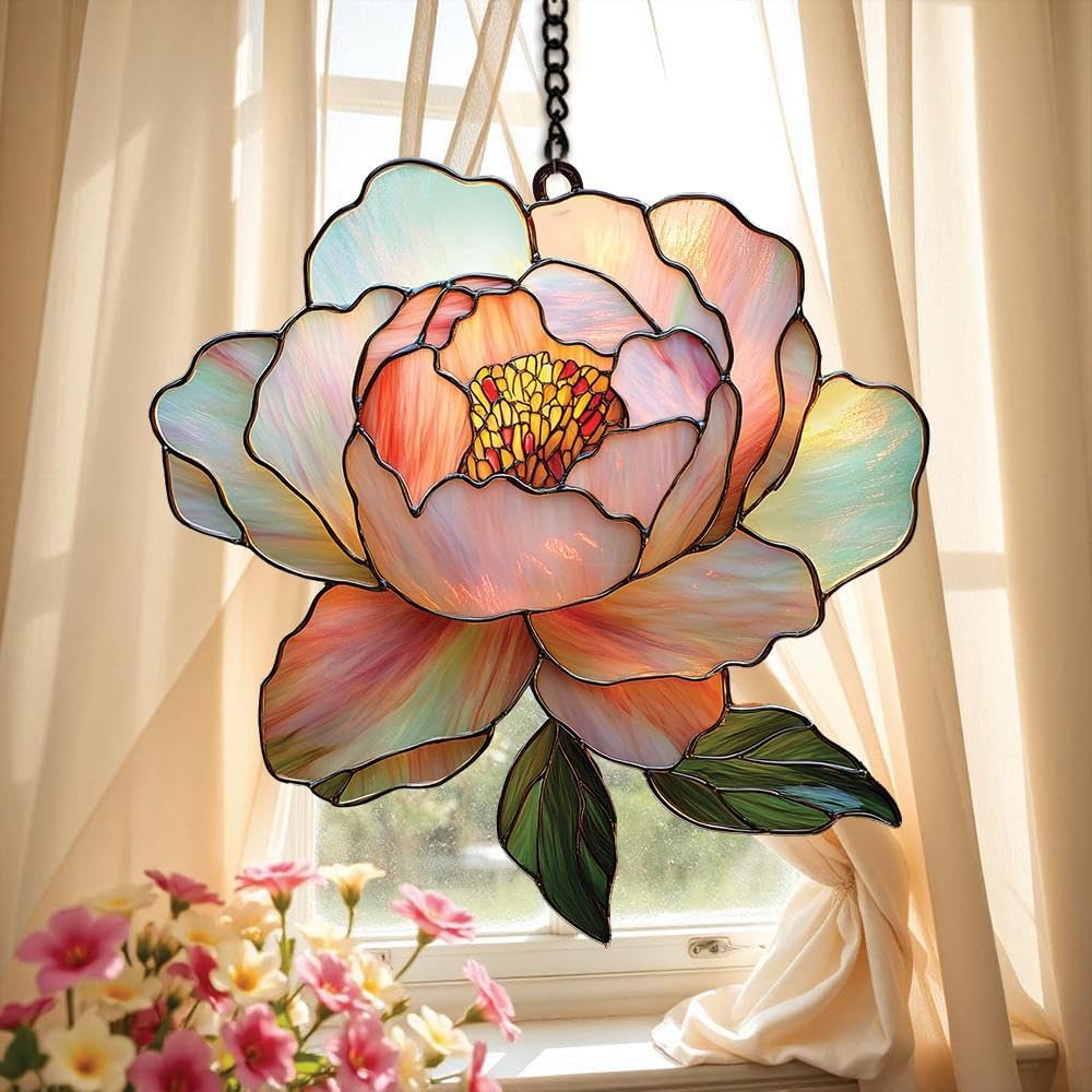 Peony Acrylic Suncatcher Birth Flower Faux Stained Window Hanging Birthday Gift Garden for Her Suncatchers Indoor Window Suncatchers Windows Decor Outdoor