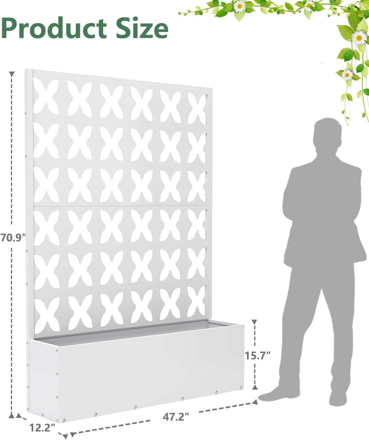 Metal Planter Box with Trellis,70.9"x47.2"x15.7" Raised Garden Bed with Drainage Holes, Privacy Planters for Outdoor Garden Bed for Climbing Plants,Vegetables,and Vines, White-X