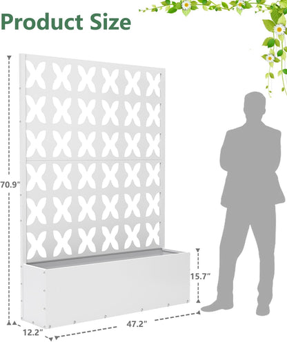 Metal Planter Box with Trellis,70.9"x47.2"x15.7" Raised Garden Bed with Drainage Holes, Privacy Planters for Outdoor Garden Bed for Climbing Plants,Vegetables,and Vines, White-X