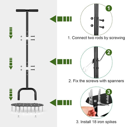 Lawn Aerator Spike Aeration Tool, Manual Grass Aerator Tool with 18 Iron Spikes, 37 Inch Manual Air Aerator Tool, Heavy Duty Lawn Aerating Tool for Grass, Yard