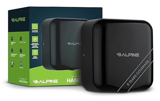 Alpine Automatic Hand Dryers for Bathrooms Commercial High Speed 110-120V Stainless Steel Electric Hand Dryer, Plug In & Hardwire Options with Air Filter, ADA & UL Compliant & 5 Years Coverage (Black)