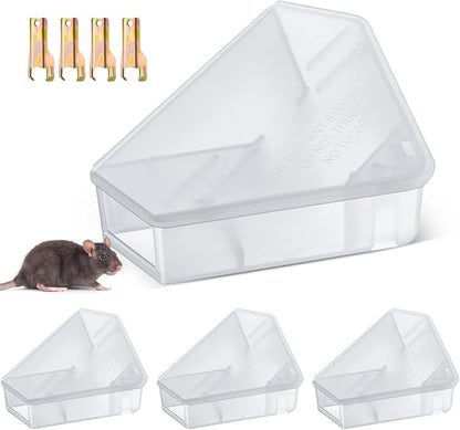 Qualirey 4 Pcs Mice Station with Key Triangle Bait Station Reusable Rodent Trap Bait Box, Keeps Children and Pets Safe Indoor & Outdoor, Bait Not Included, Suitable for Small Mice (Translucent)