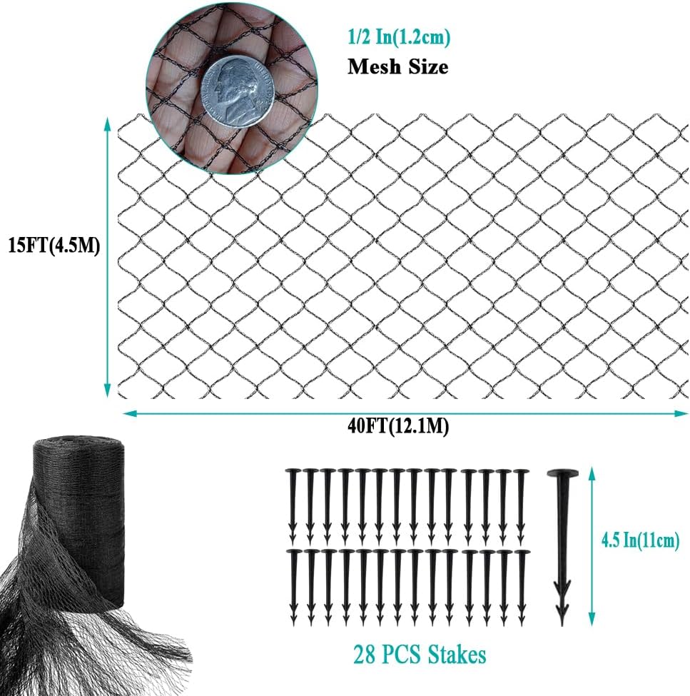 Koi Pond Netting for Leaves 15x40 Ft, 1/2 in Strong Woven Fine Mesh Pond Leaf Net Cover, Protecting Koi Fish from Herons, Raccoons, Birds, Cats & Predators, 28 Pcs Stakes Included