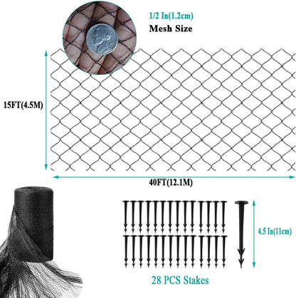 Koi Pond Netting for Leaves 15x40 Ft, 1/2 in Strong Woven Fine Mesh Pond Leaf Net Cover, Protecting Koi Fish from Herons, Raccoons, Birds, Cats & Predators, 28 Pcs Stakes Included