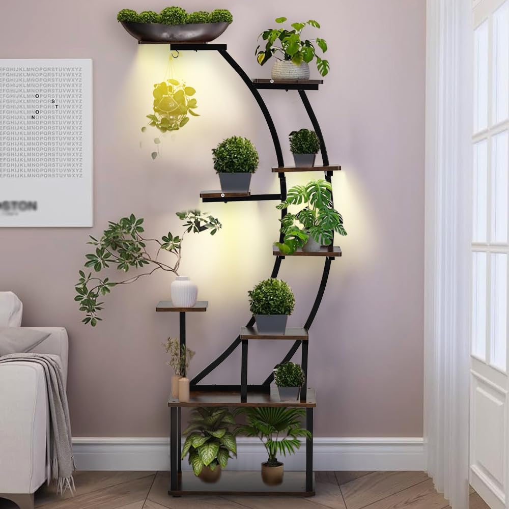 VINCIGANT Black Metal Plant Stand with Grow Light, 9 Tiered Shelf, 60" Corner Plant Holder for Living Room, Home, Patio, Balcony