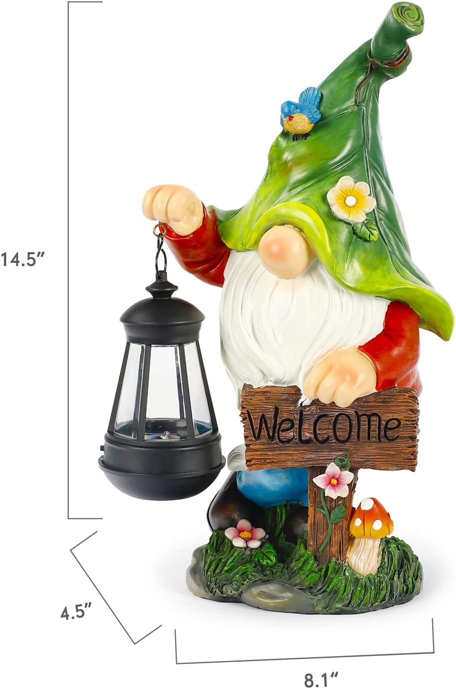 Garden Gnome Statue, Resin Figurine with Bright Solar Lantern Lights and Welcome Sign, Outdoor Solar Illumination Decorations for Indoor Patio Lawn Garden Room,Birthday Housewarming Gift