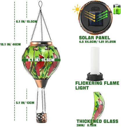 Hot Air Balloon Solar Lantern - Cardinal Bird Glass Lantern, Simulated Flickering & Dancing Flame, Outdoor Hanging Yard Light Waterproof IP65 for Patio Lawn Porch Decor Gift
