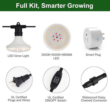 Outdoor Grow Lights Waterproof, Full Spectrum String Grow Light with 22FT Light String Cord for Seedling, Veg, Flower in Greenhouse, Garden, Backyard, Farm (6 Lights, with Smart Plug)