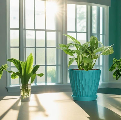 4 Inch Plant Pots, 6 Pack Indoor Flower Pots, Planters with Drainage Holes and Trays for Orchids, Violets, Succulents, Herbs, and Other Plants,Blue-Green