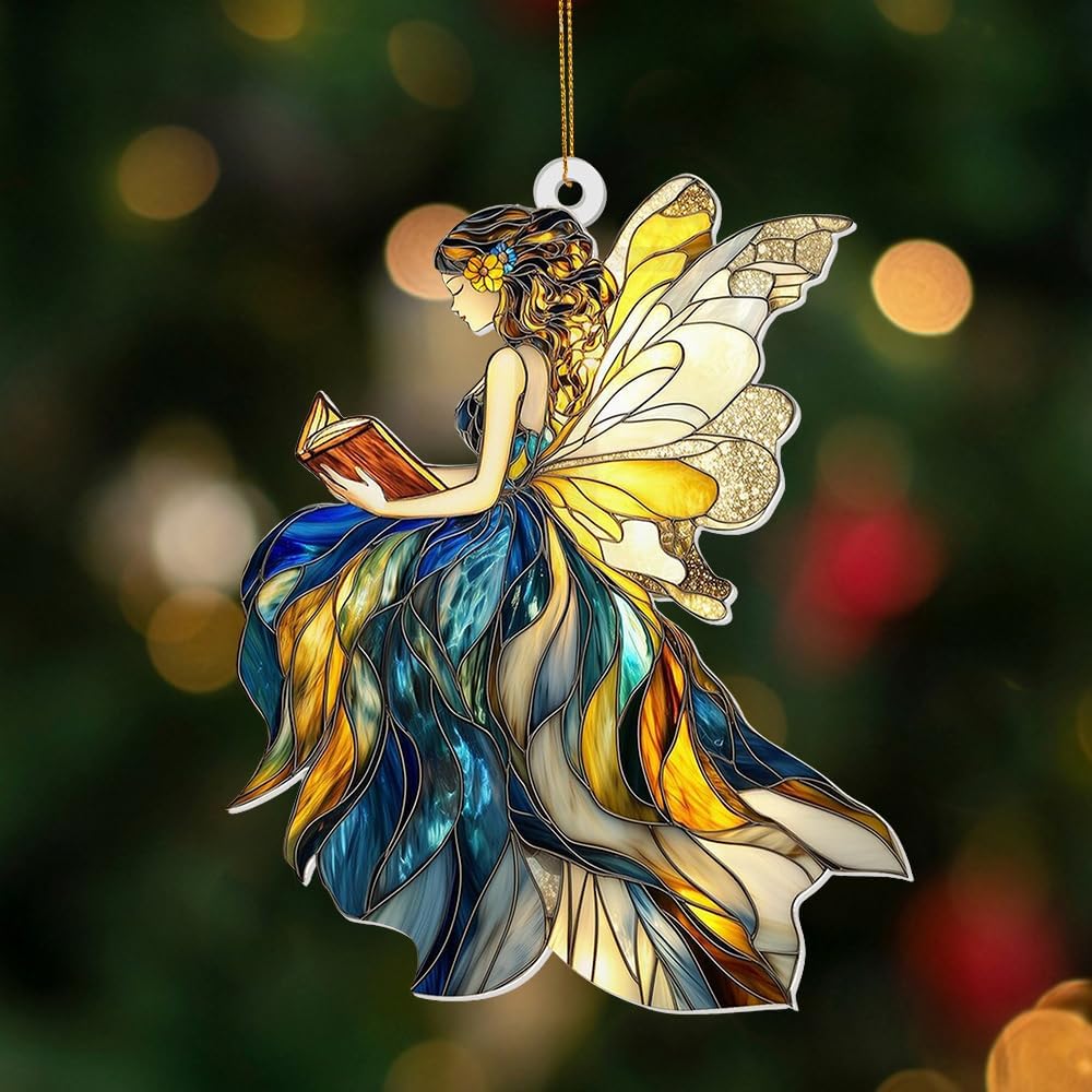Reading Fairy Book Ornament – Stained Glass Style Acrylic Christmas Ornament, Book Lover Gift for Women, Teacher & Librarian Book Club Decorations, Fantasy Ornament Holiday Décor(Sun-01)