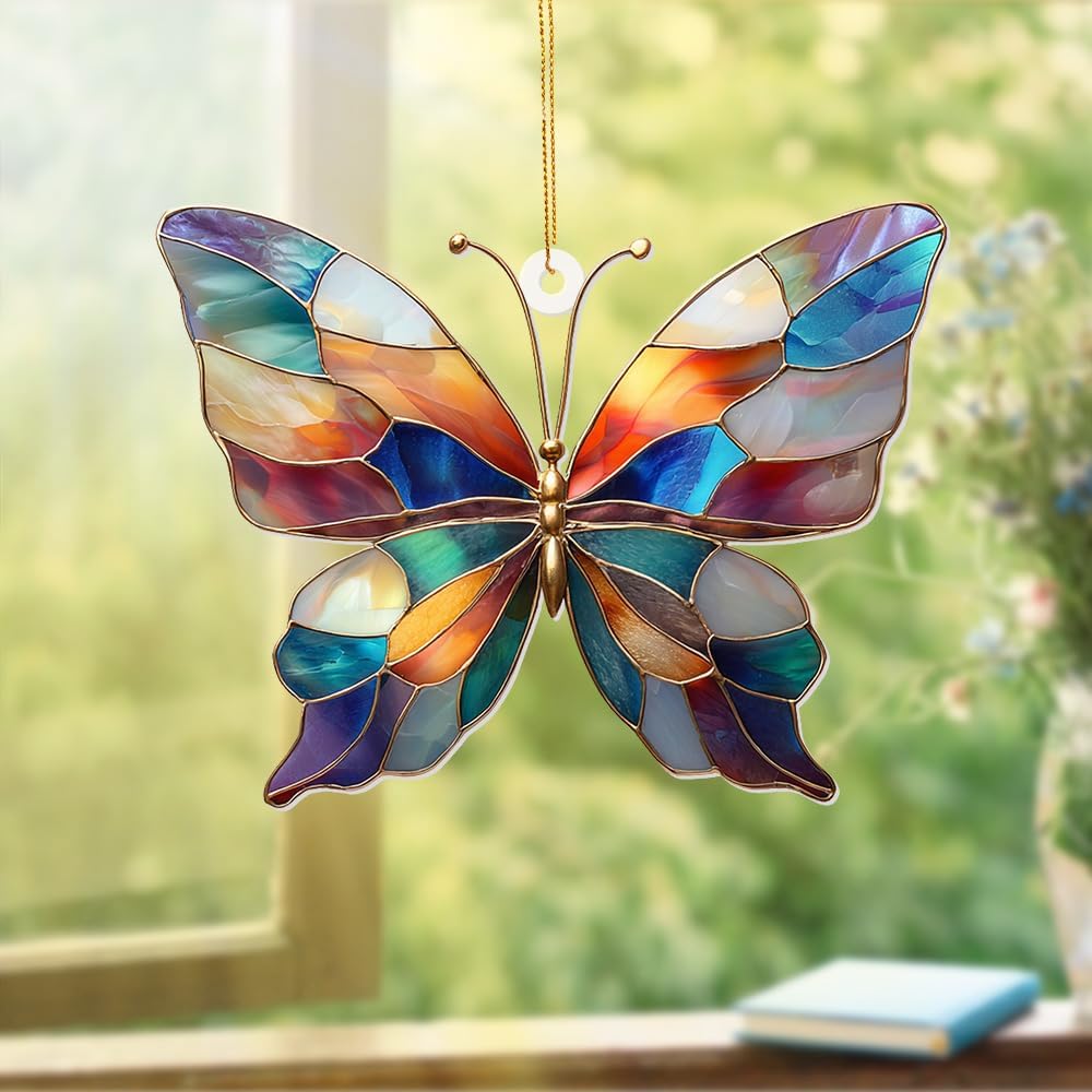 Stained Glass Butterfly Ornament Acrylic – Colorful Suncatcher Window Hanging, Glass Butterfly Decoration for Christmas Tree 2025, Spring Garden Décor, Gifts for Women & Nature Lovers(Sun-04)
