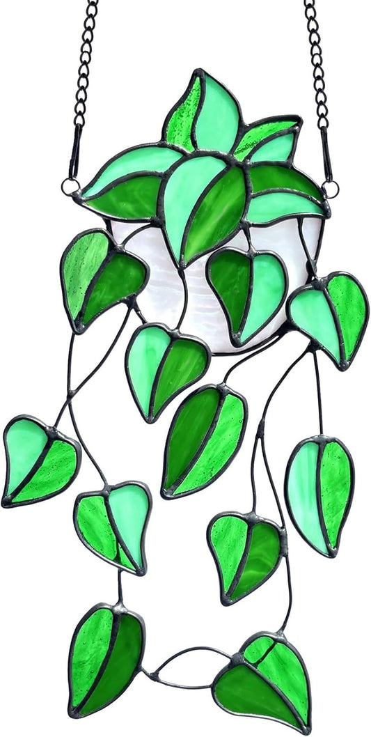 Green Faux Plants Stained Glass Window Hanging Suncatcher, Artificial Plants Decor Gift for Women