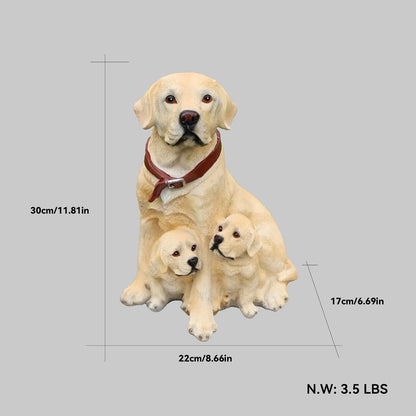 Labrador Retriever Outdoor Dog Family Statue with Reversible “Welcome/ON Patrol” Hanging Plaque and Solar Lantern, Yellow Mom with Two Puppies, Sitting Yard Greeter