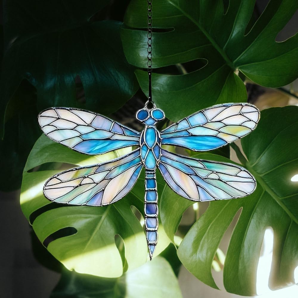 Dragonfly Acrylic Suncatcher Stained Glass Effect Boho Window Car Hanging Christmas Ornament Indoor Outdoor Decor Garden Sun Catcher Panel for Dragonfly Lover for Women Mom Grandma