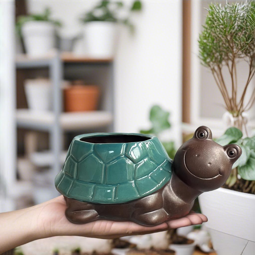MUZHI Ceramic Bonsai Pot with Bamboo Tray SmilingTurtle Shape, Cute Animal Succulent Cactus Planter with Drainage Hole, Art Desk Decorations and Gift