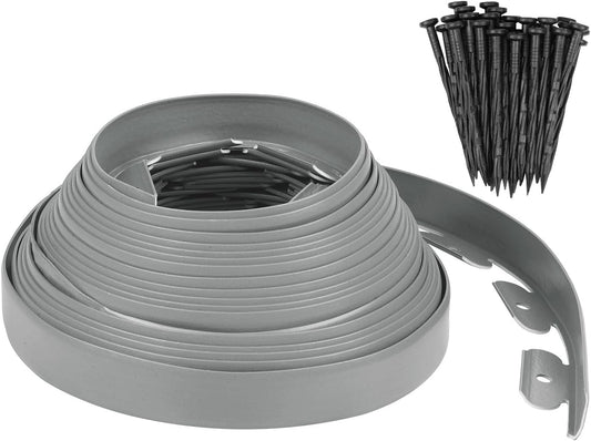 Garden Edging - 46 Feet Plastic Landscaping Edging Border with 42 PCS Spikes Apply to Flower Beds/Grass Lawn/Yard (46FT x 1.57IN, Gray)