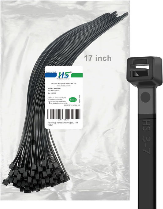 HS Wide Wire Ties Heavy Duty 17 Inch 100 Pcs 200 Pounds Strength,Black Zip Tie Straps Large UV
