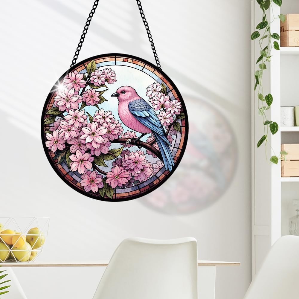 Cherry Blossoms Stained Glass Window Hanging, Bird Suncatcher Panel for Indoor Outdoor, Cherry Blossoms Glass Ornament for Wall, Balcony Porch Decoration, Thoughtful Gifts for Boys Girls, Loves Ones