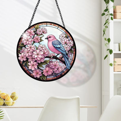 Cherry Blossoms Stained Glass Window Hanging, Bird Suncatcher Panel for Indoor Outdoor, Cherry Blossoms Glass Ornament for Wall, Balcony Porch Decoration, Thoughtful Gifts for Boys Girls, Loves Ones