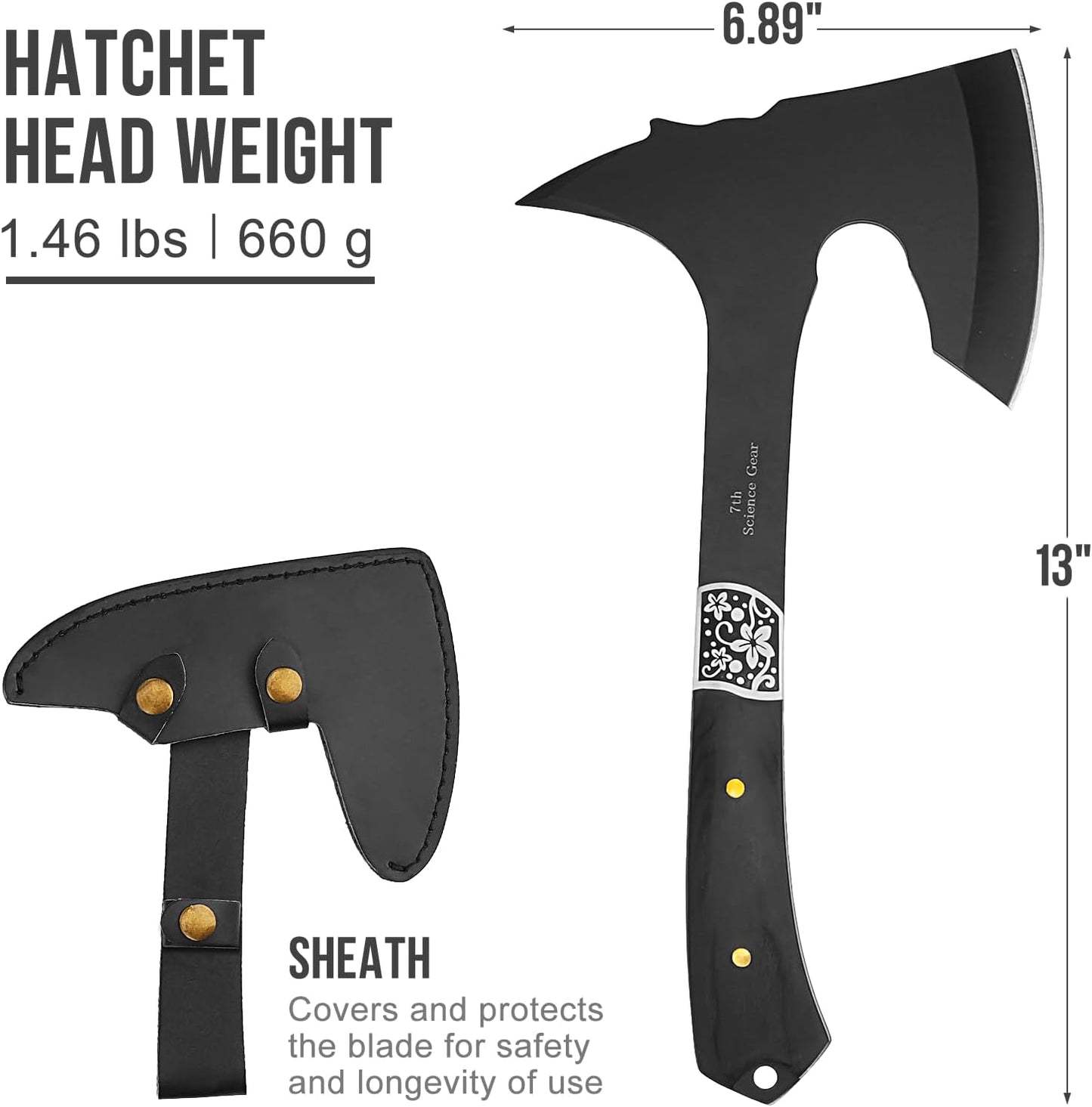 Camping Hatchet Axe with Leather Sheath – 13" Full Tang Compact Survival Tomahawk with Wood Handle for Outdoor Backpacking, Bushcraft, Hiking, and Camping