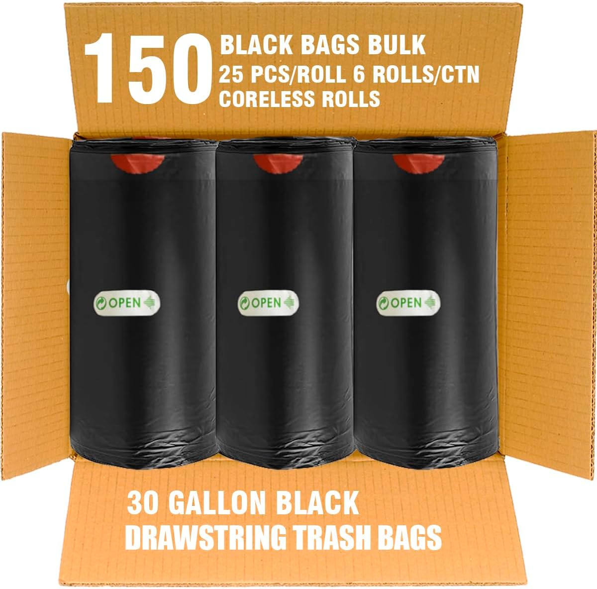30 Gallon Trash Bags Drawstring, 150 Count Bulk, Black | Unscented | Heavy Duty Multi-purpose Garbage Bags Can Liners for Business Home Kitchen Commercial and Industrial
