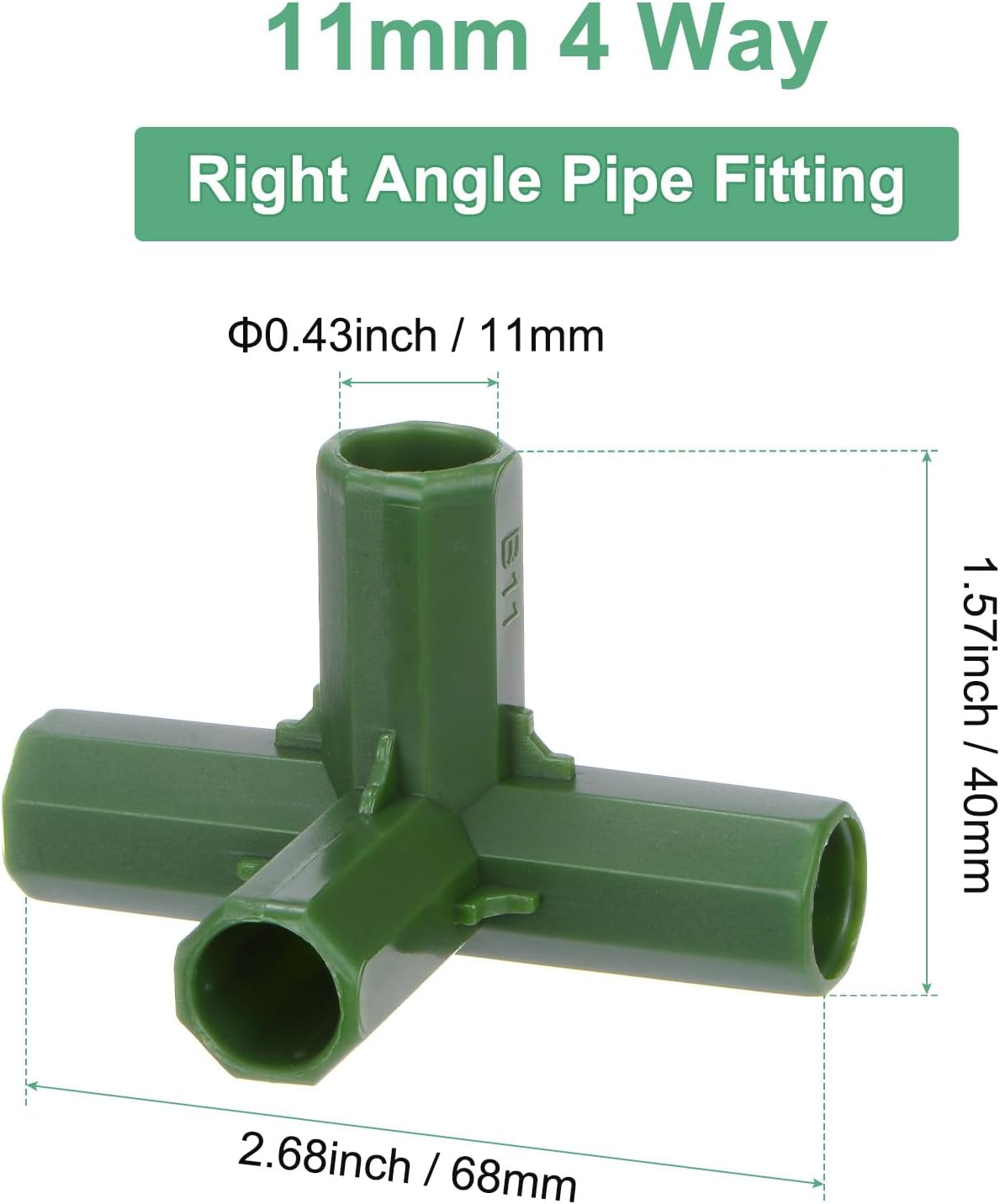 12 Pcs 11mm Greenhouse Frame Building Connectors, 4 Way Right Angle Pipe Fitting for Grape Trellis/Sunscreen Shed/Gardening Plant Stakes, Greenhouse Accessories [Green]