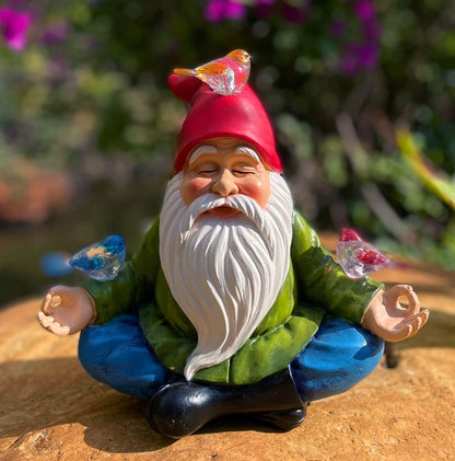 Solar Powered Gnome with Red Hat and 3 Birds, Resin Garden Ornament with LED Light, Lawn Figurine Outdoor Decoration Statue (Gnome with 3 Birds)