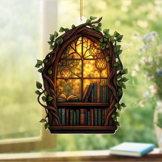 Gothic Window Book Ornament – Stained Glass Style Acrylic Christmas Ornament with Books & Ivy