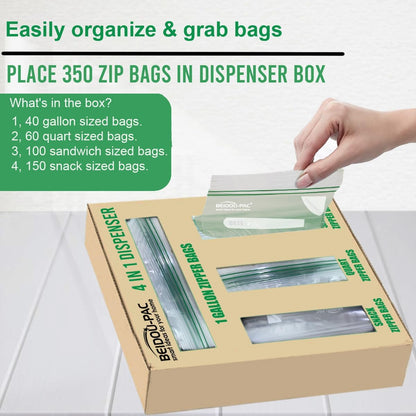 Combo Storage Zip Bags 350 Count, Resealable Variety Pack With Organizer, Reclosable Clear Plastic Snack, Sandwich, Quart, Gallon Assorted Size Bags