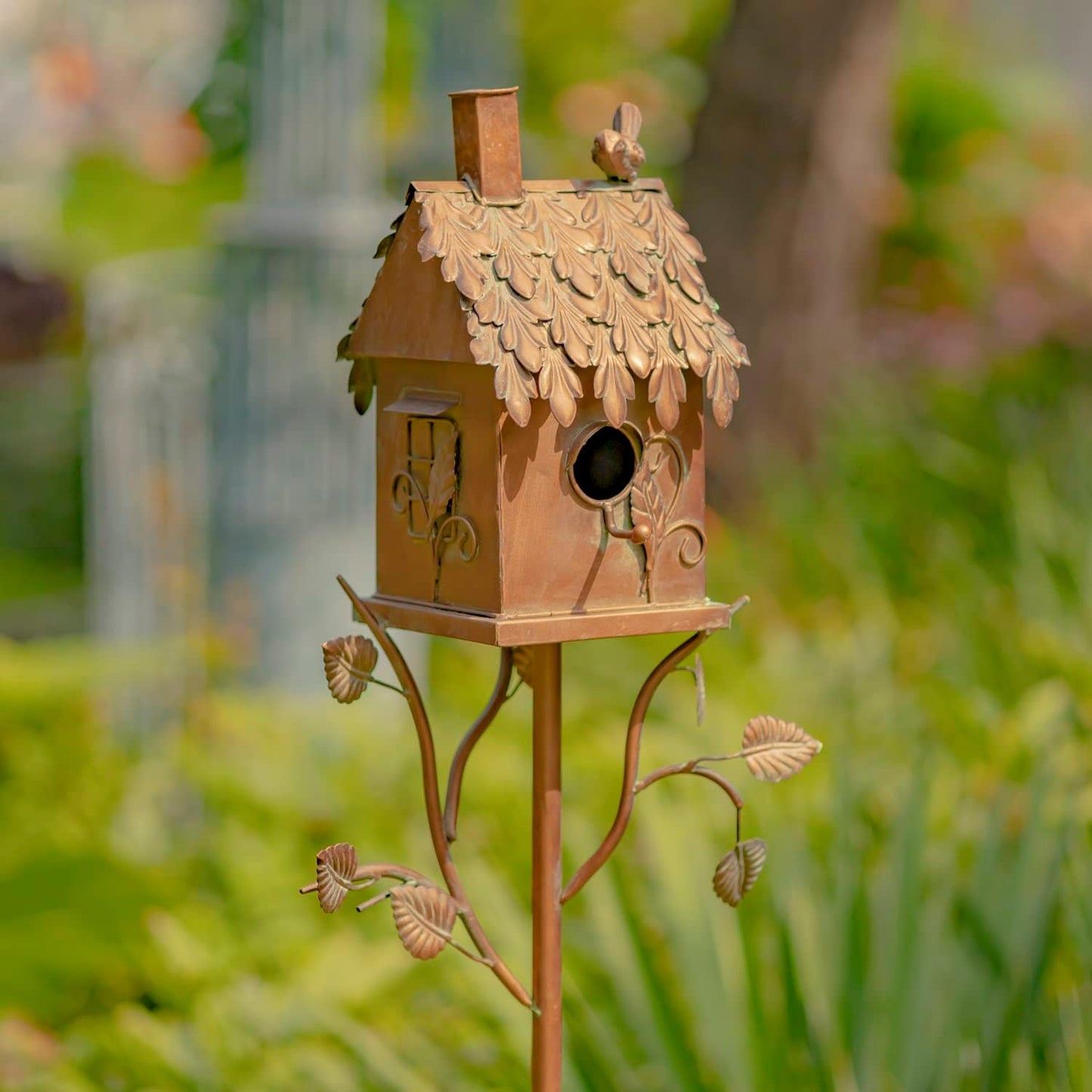 Copper Color Bird House Garden Stake with Ornate Style Roof (Rectangular)
