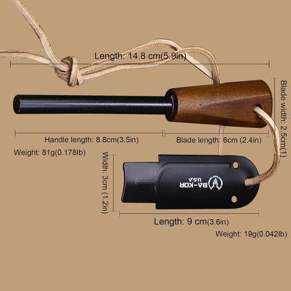 BA-KOR (Survivor III) 35.5CM (14.2 ") DC53 steel 10mm thickened full Tang fixed knife+ leather sheath &(5.9IN) Cerium Igniter, suitable for outdoor hunting, cutting, chopping, camping, obstacle removal, exploration, fishing, EDC, BBQ