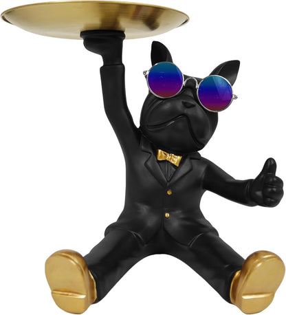 French Bulldog Tray Statue, Black Frenchie Sculpture with Gold Tray for Entrance Coffee Table Décor, Dog Key Holder Jewelry Trays