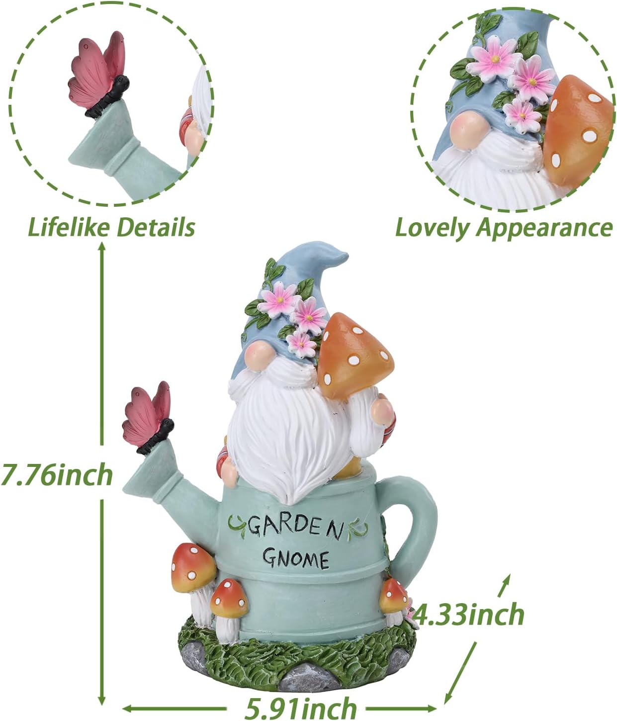 Garden Gnome Statue, Solar Powered Gnome Outdoor Decorations with Watering Can Shape - Resin Gnome Figurine with Mushroom Solar Lights for Porch Patio Lawn Yard Art Decor, Gift for Mom