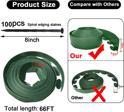 Landscape Edging 66FT,Garden Edging Borders [Extra Tall 4IN High] with 100 pcs Plastic Stakes, Lawn Edging Flexible DIY Fence for Landscaping,Flower Bed,Grass,Gravel,Tree Surrounding-Green