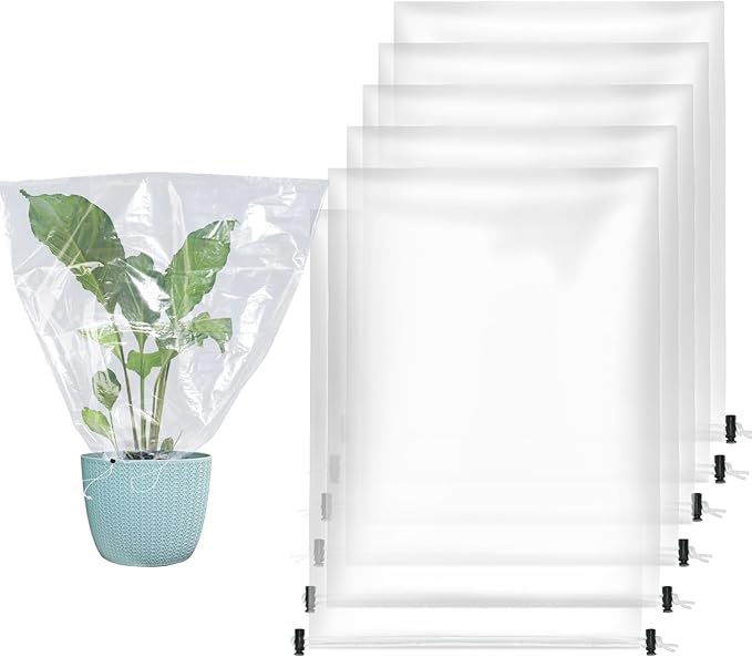 ANPHSIN 6 Pcs Winter Plant Cover Freeze Protection - 24" x 32" Plastic Plant Frost Bags with Drawstring, Transparent Waterproof Plant Shelter Coverings for Outdoors Garden Potted Plants