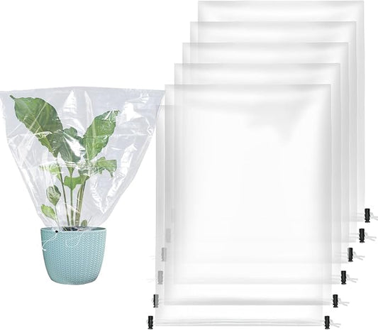 ANPHSIN 6 Pcs Winter Plant Cover Freeze Protection - 24" x 32" Plastic Plant Frost Bags with Drawstring, Transparent Waterproof Plant Shelter Coverings for Outdoors Garden Potted Plants