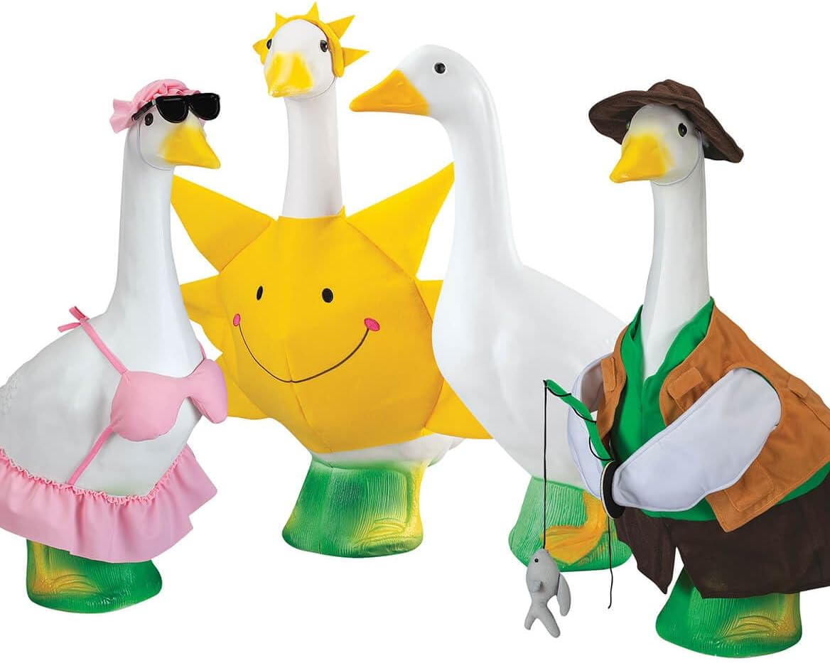 Goose Summer Bundle, Includes One Large 23 inch White Goose and Three Summer Outfits Bundle, Sun, Bikini and Fisherman Goose Outfits Included