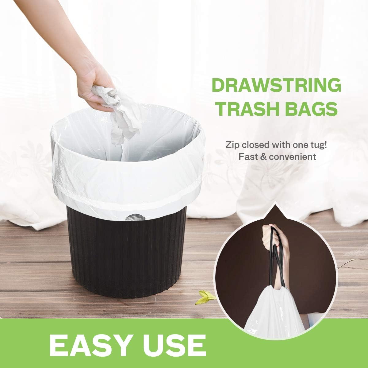 Teivio 1.6 Gallon 120 Counts Strong Drawstring Trash Bags Garbage Bags, Medium Kitchen Trash Can Bathroom Bin Liners, Plastic Trash Bags for Home Office Kitche, White