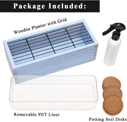 Wooden Cat Grass Planter (no Seeds Included) with Potting Soil Disks, Anti-Digging Grid and Removable Plastic Liner, Wheat Grass Growing Pot, Cat Grass Kit for Indoor Cats Pets (Amber Blue)