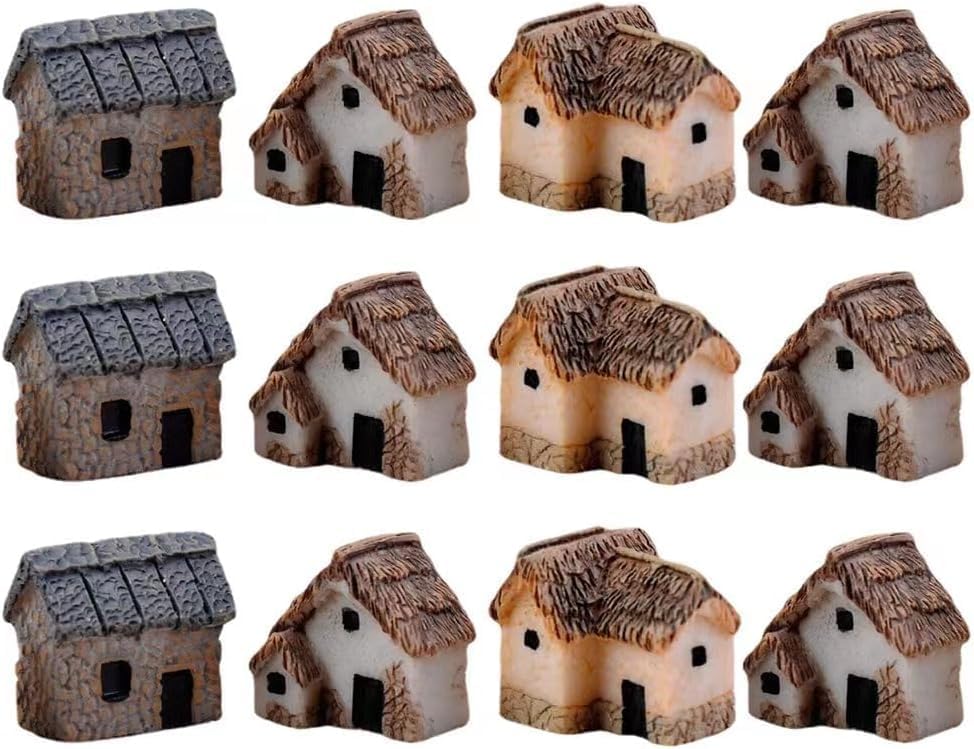 12 Pcs Miniature Fairy Garden Stone House,Mini Fairy Stone Resin House Cottage Statues Sculptures for Micro Landscape Dollhouse Decor