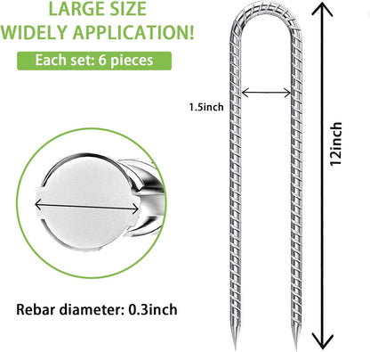 Rebar-Stakes-12-Inch-U-Shaped, Trampoline Stakes High Wind Ground Stakes Heavy Duty Galvanized Anti-Rust Metal Stakes Ground Anchors for Garden Dog Fence Chicken Coop Water Pipe 6pcs