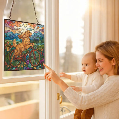 Personalized Rectangle Boho Golden Retriever Biking in Wildflowers Stained Glass Suncatcher Stained Glass Window Hangings Birthday Gift for Mom Grandma Teacher Women Friend Memorial Hook