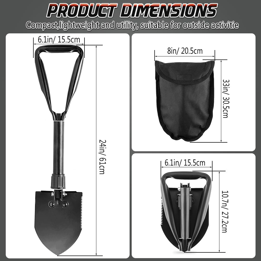 Large Folding Shovel, Overall Length 24Inches, Foldable Design with Portable Bag, Made of Durable Materials, Serrated Edge, for Camping, Hiking, Gardening, Fishing & Emergencies (Black)