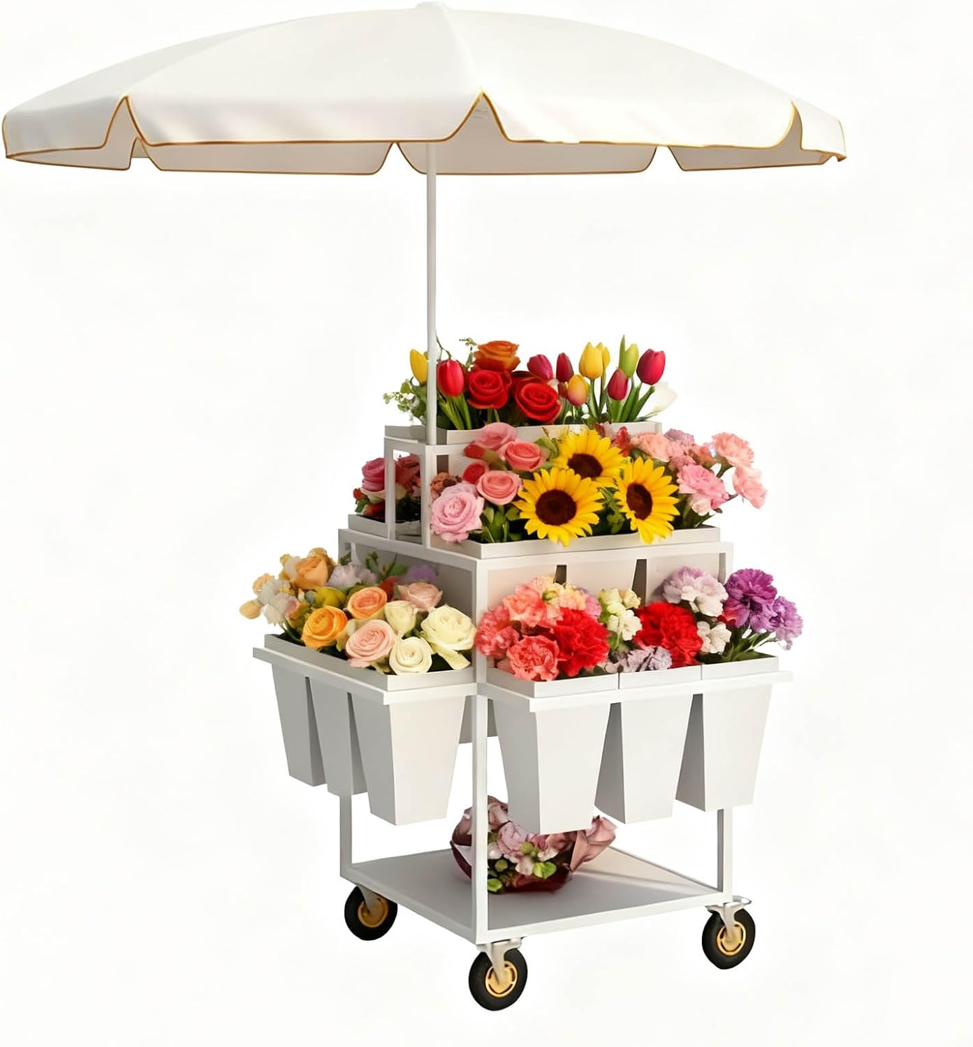 Metal Garden Cart Plant Stand with 18pcs Buckets and parasols, Slide Out Rolling Flower Display Rack, for Florist, Patio Garden, Weddings Party, Business Market (White)